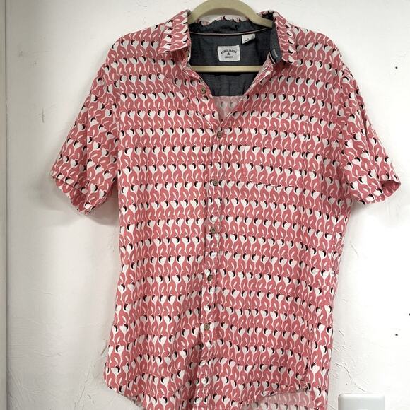 Rebel James & Charli Pink Flamingo Print Button Down Mens Short Sleeve Shirt L - Picture 1 of 8